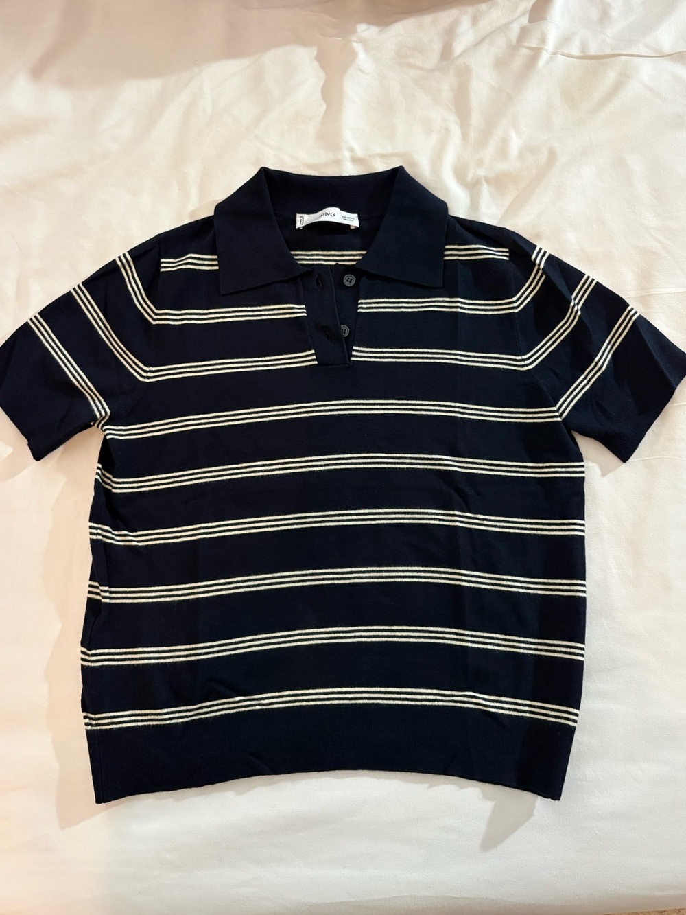 Mango Navy Short Sleeve Polo with Cream Stripes